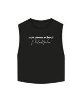 The Crop Muscle Tank - Black - New Mom School - Center Chest Stacked - Printed - White