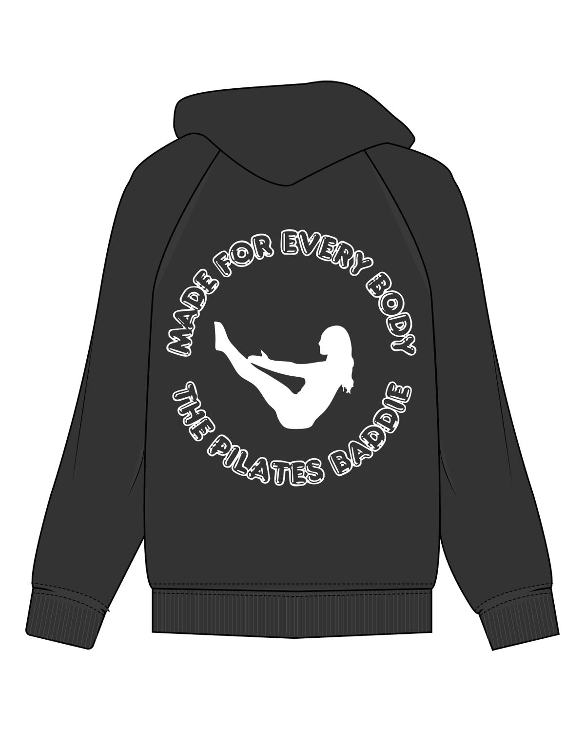 The Womens Zip Hoodie - Washed Black - Pilates Baddie - Left Chest Arc & Back Round - Printed - Back Round