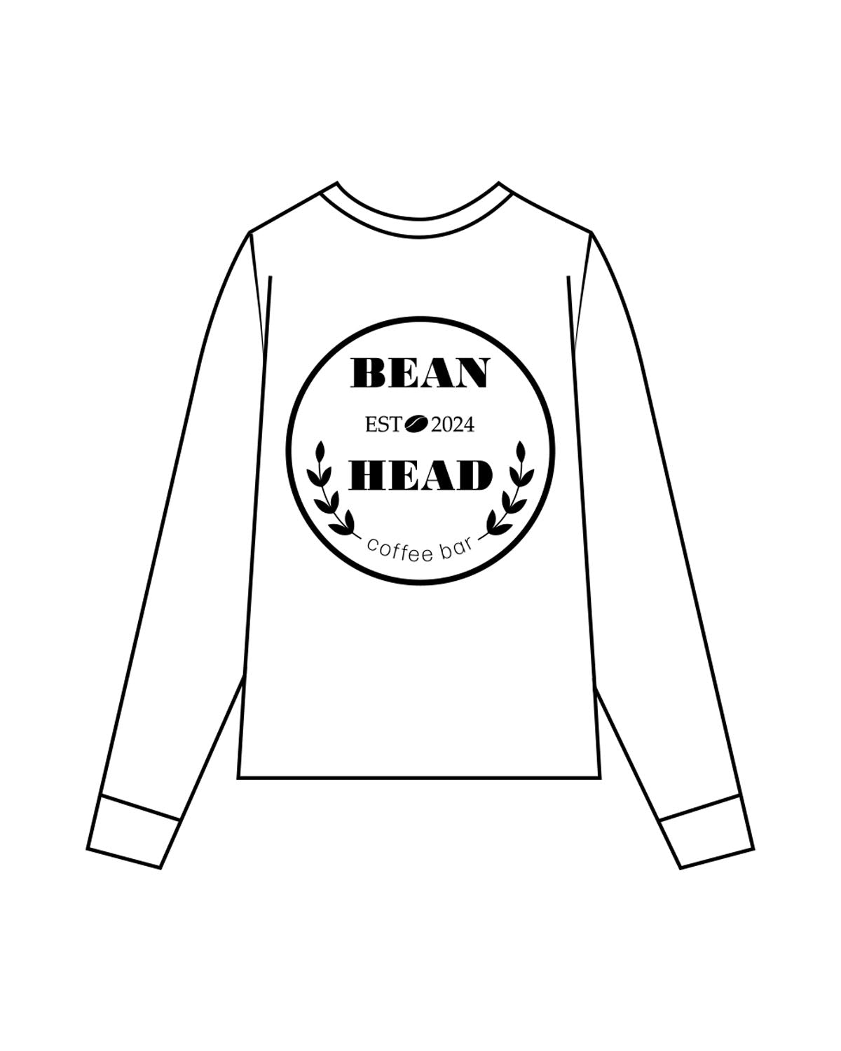 The Mens Long Sleeve - White - Bean Head - Left Chest Stacked & Back Round - Printed - Black