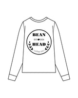 The Mens Long Sleeve - White - Bean Head - Left Chest Stacked & Back Round - Printed - Black