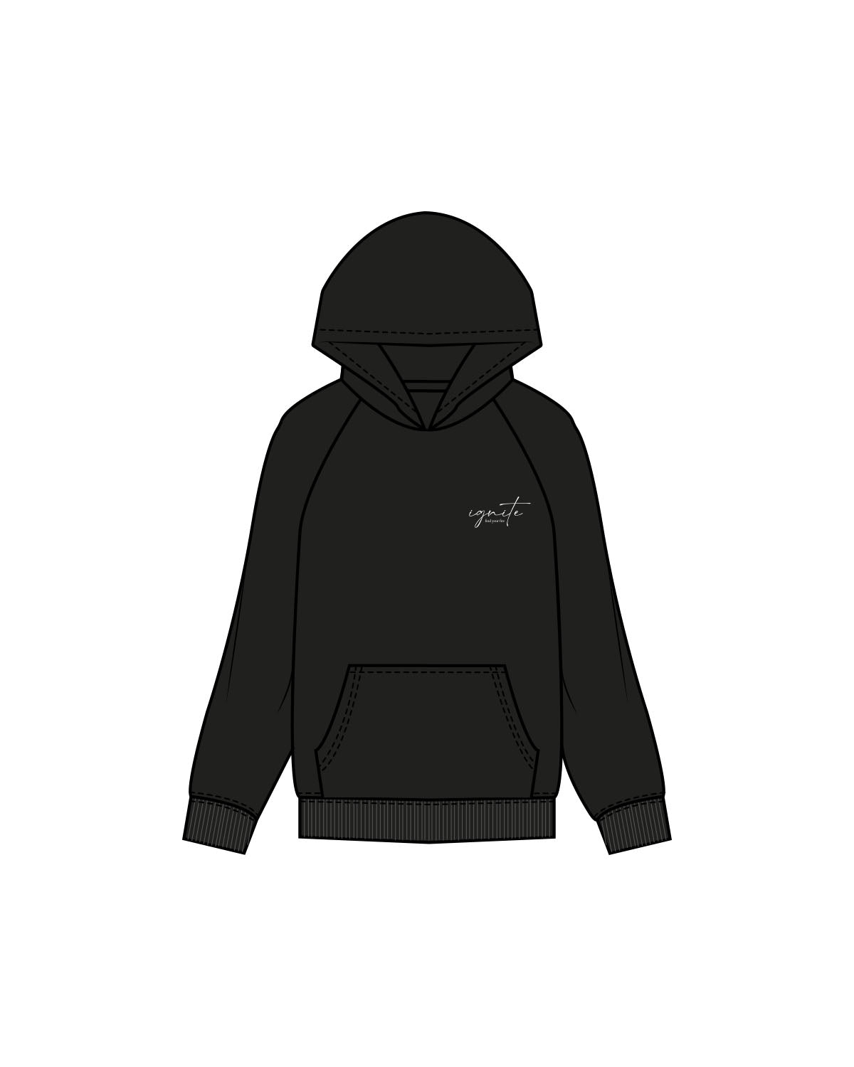 The Womens Hoodie - Black - Ignite Barre & Fitness - Left Chest & Back Stacked - Printed - White