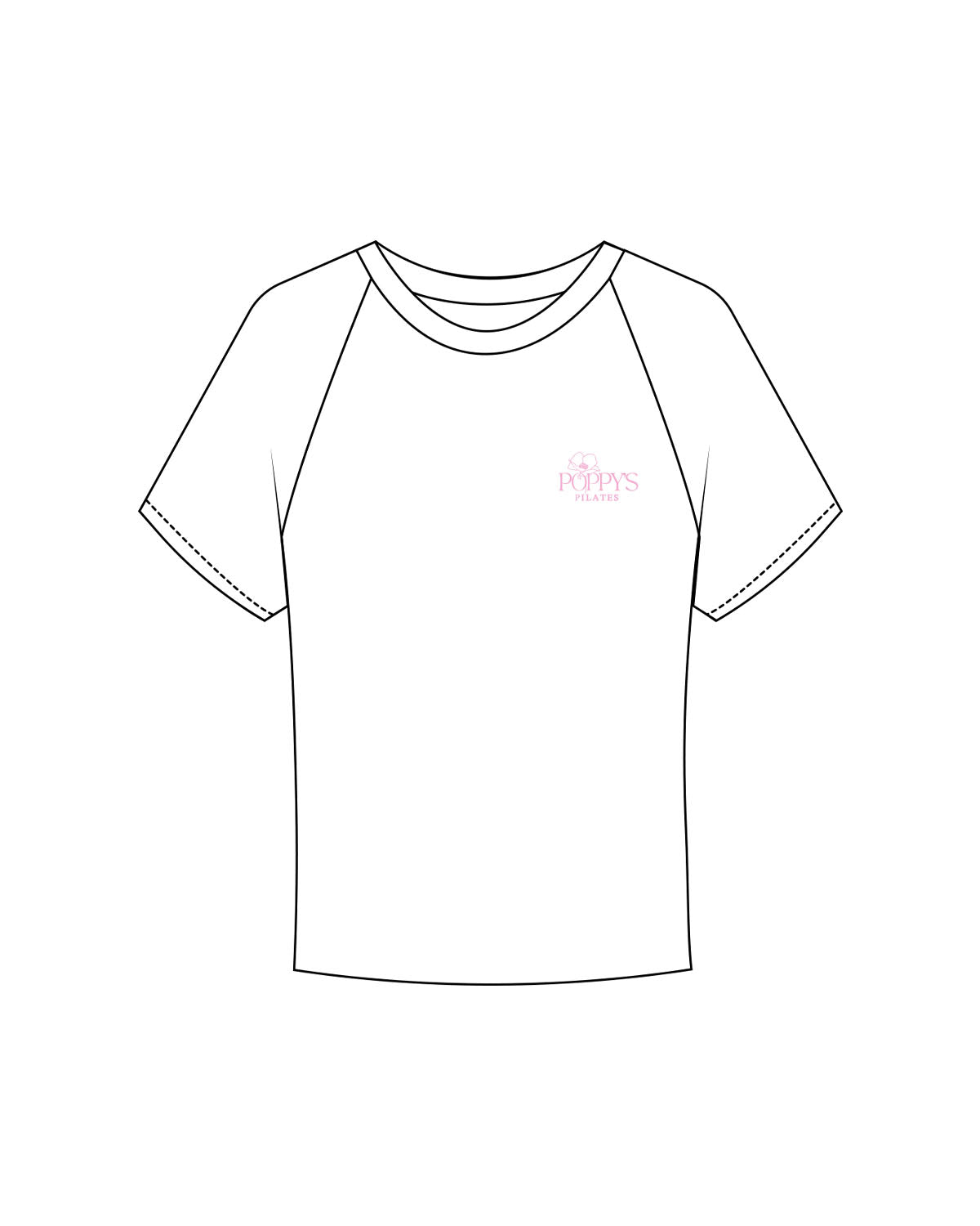 The Micro Rib Baby Tee - White - Poppys Pilates - Left Chest Stacked Logo - Printed - Pink