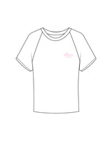 The Micro Rib Baby Tee - White - Poppys Pilates - Left Chest Stacked Logo - Printed - Pink