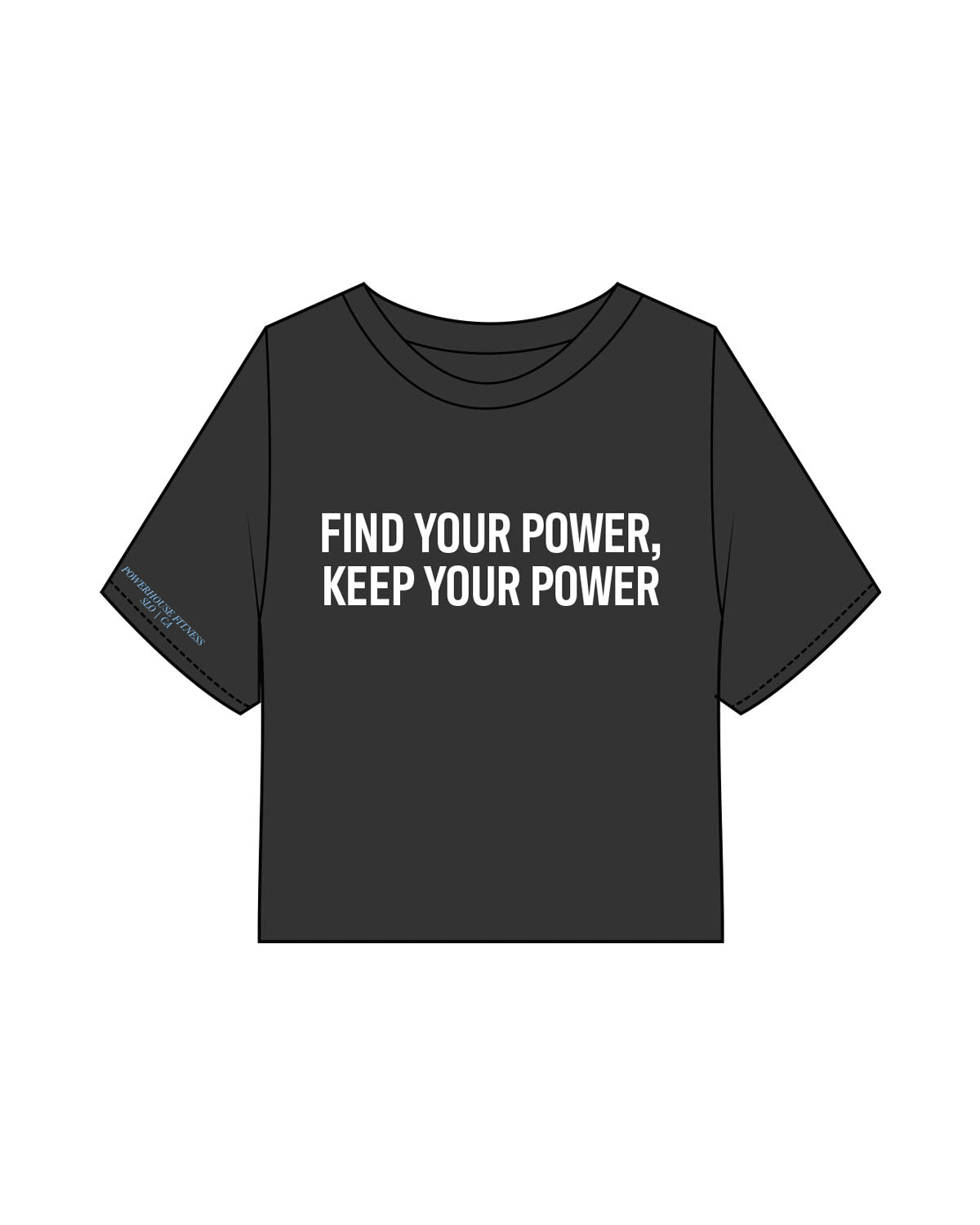 The Heavyweight Crop Tee - Washed Black - Powerhouse Fitness - Center Chest Stacked - Puff - White - Right Sleeve - Printed - Blue (71c0f5)