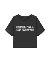 The Heavyweight Crop Tee - Washed Black - Powerhouse Fitness - Center Chest Stacked - Puff - White - Right Sleeve - Printed - Blue (71c0f5)