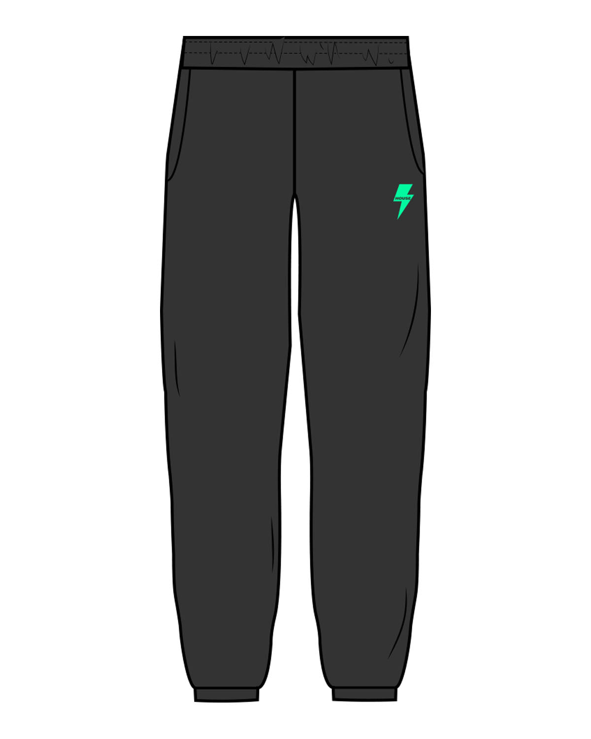 The Mens Sweatpants - Washed Black - HiLo - Upper Left Leg - Lightning - Printed - Green