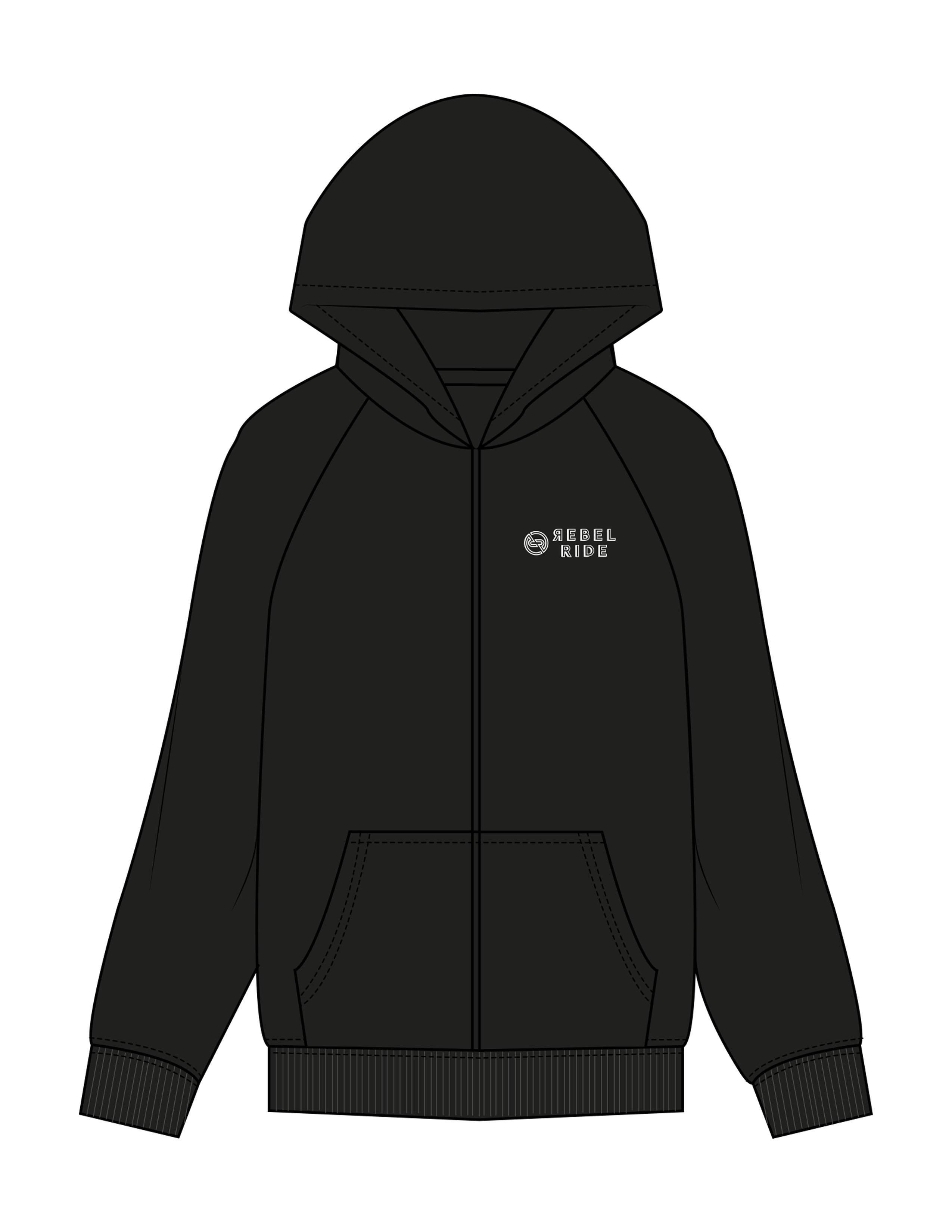 The Womens Zip Hoodie - Black - Rebel Ride - Left Chest Stacked - Printed - White