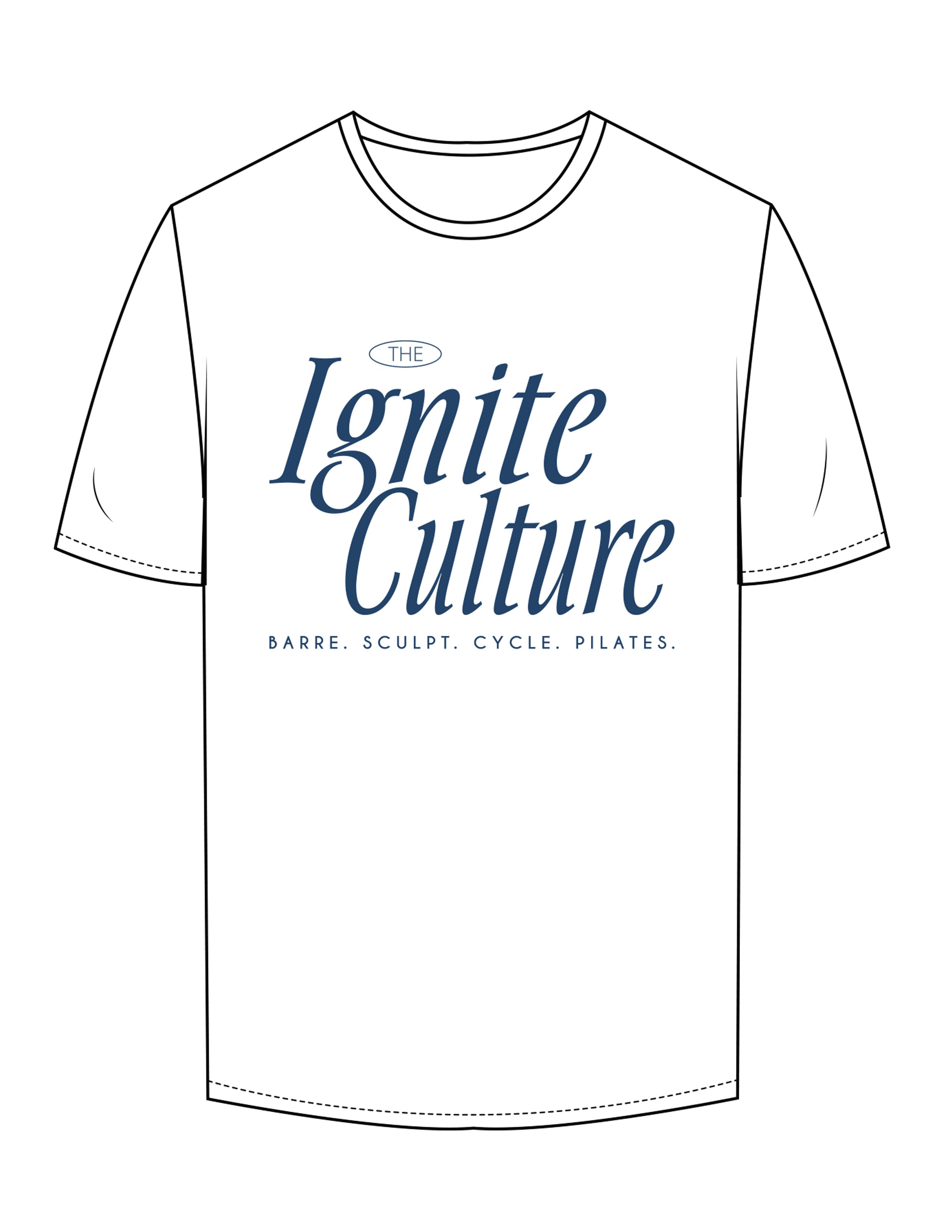 The Mens Tee - White - Ignite Barre & Fitness - Center Chest Stacked - Printed - Blue
