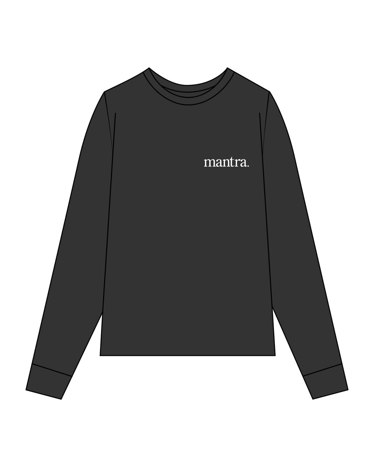 The Mens Heavyweight Long Sleeve - Washed Black - Mantra - Left Chest & Back Center Stacked - Printed - White