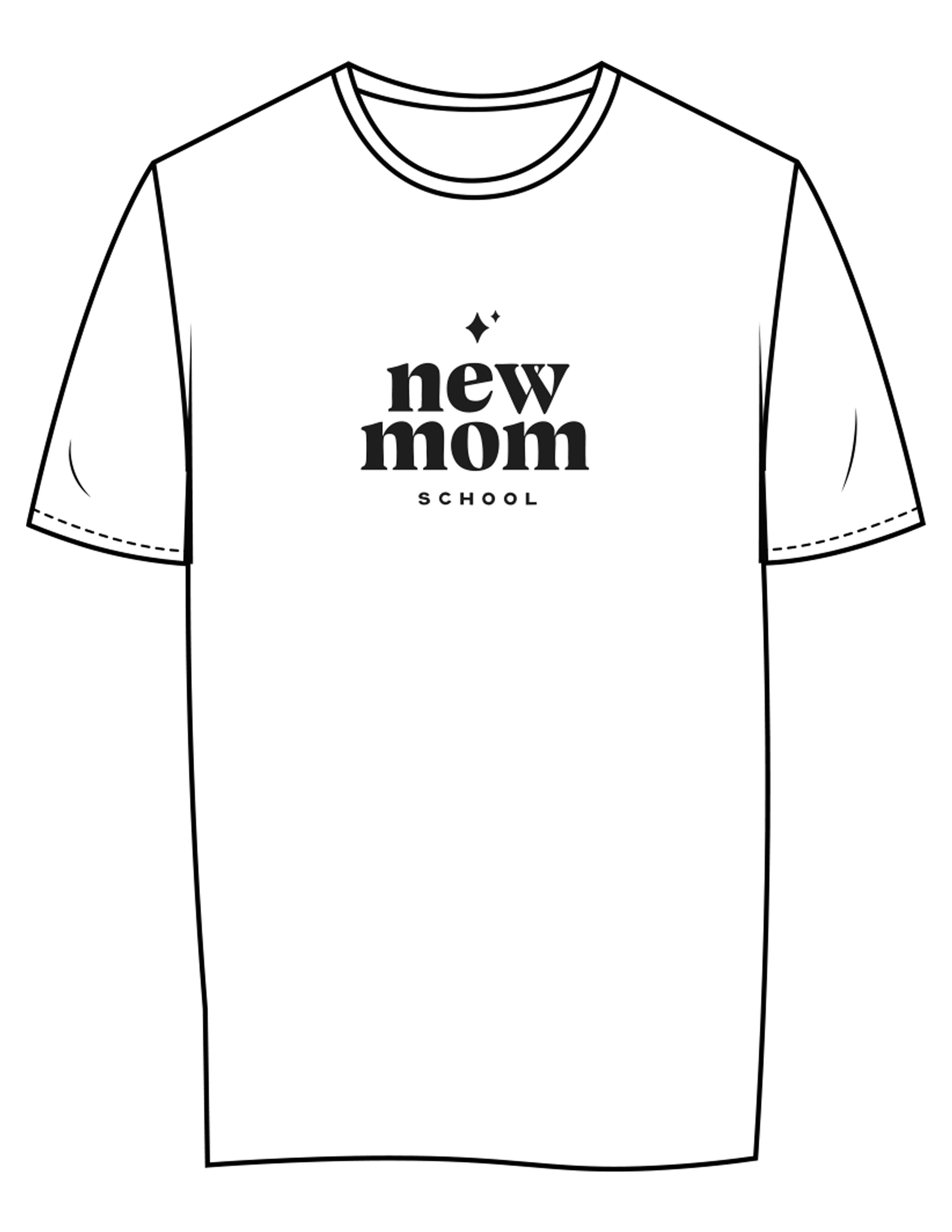The Womens Tee - White - New Mom School - Center Chest Stacked - Printed - Washed Black