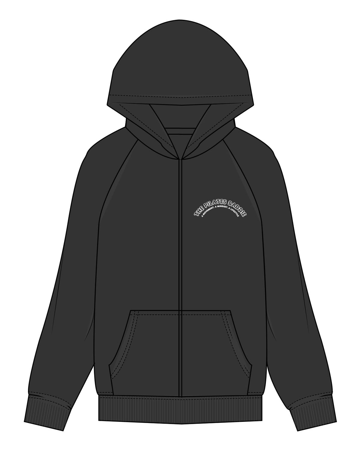 The Womens Zip Hoodie - Washed Black - Pilates Baddie - Left Chest Arc & Back Round - Printed - Back Round