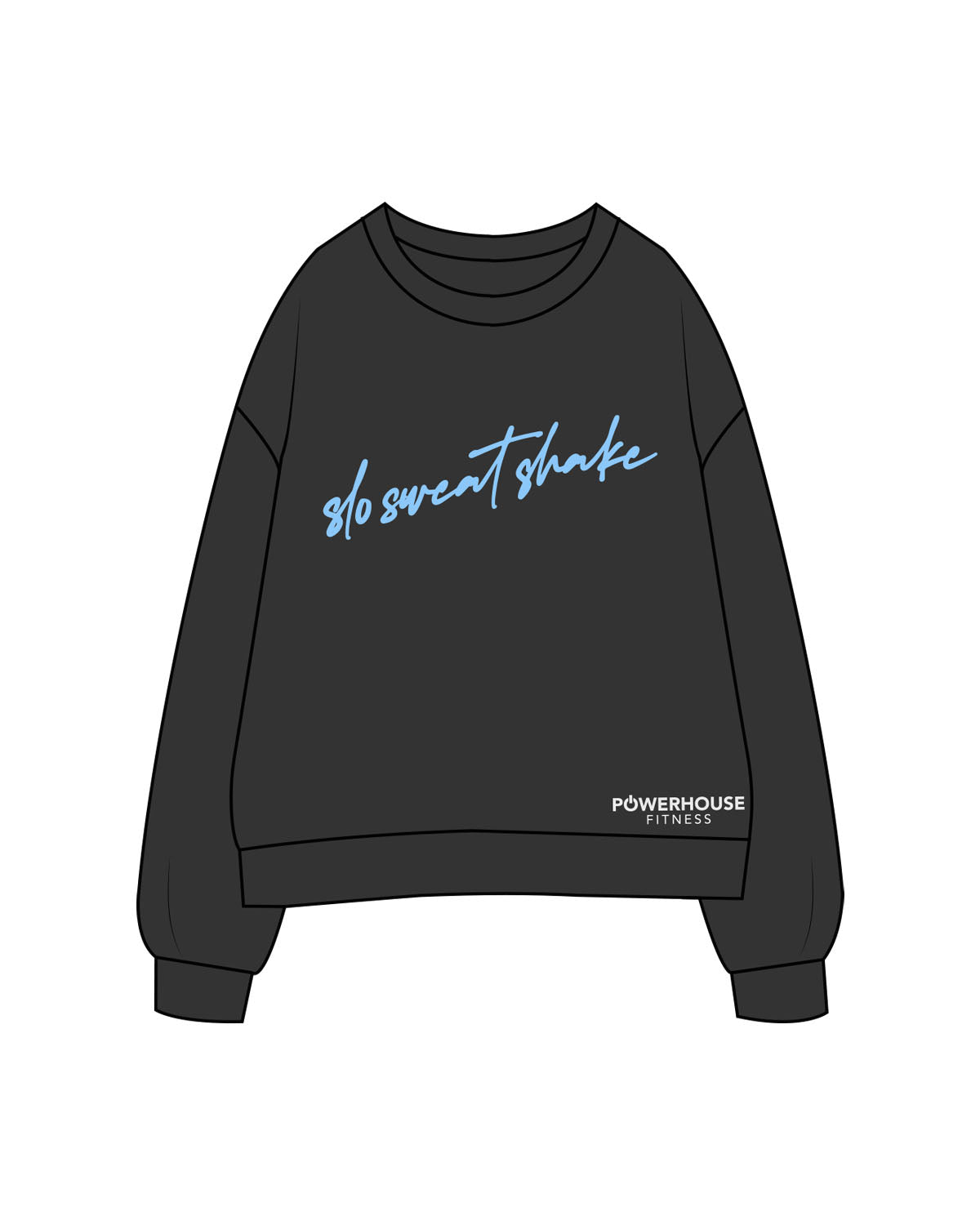 The Womens Crewneck - Washed Black - Powerhouse Fitness - Full Front - Printed - Full Color