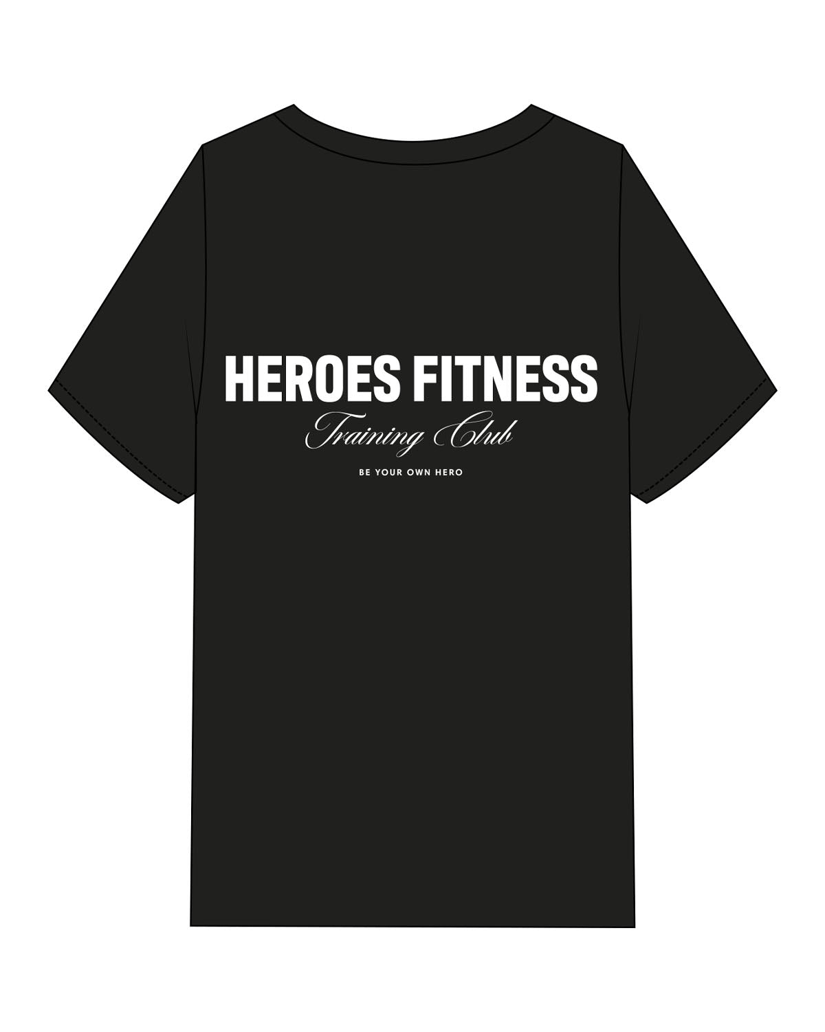 The Mens Heavyweight Tee - Black - Heroes Fitness - Left Chest Stacked & Back Stacked - Printed - White