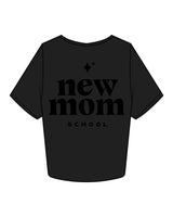 The Crop Tee - Black - New Mom School - Left Chest & Back Center Stacked - Tone on Tone