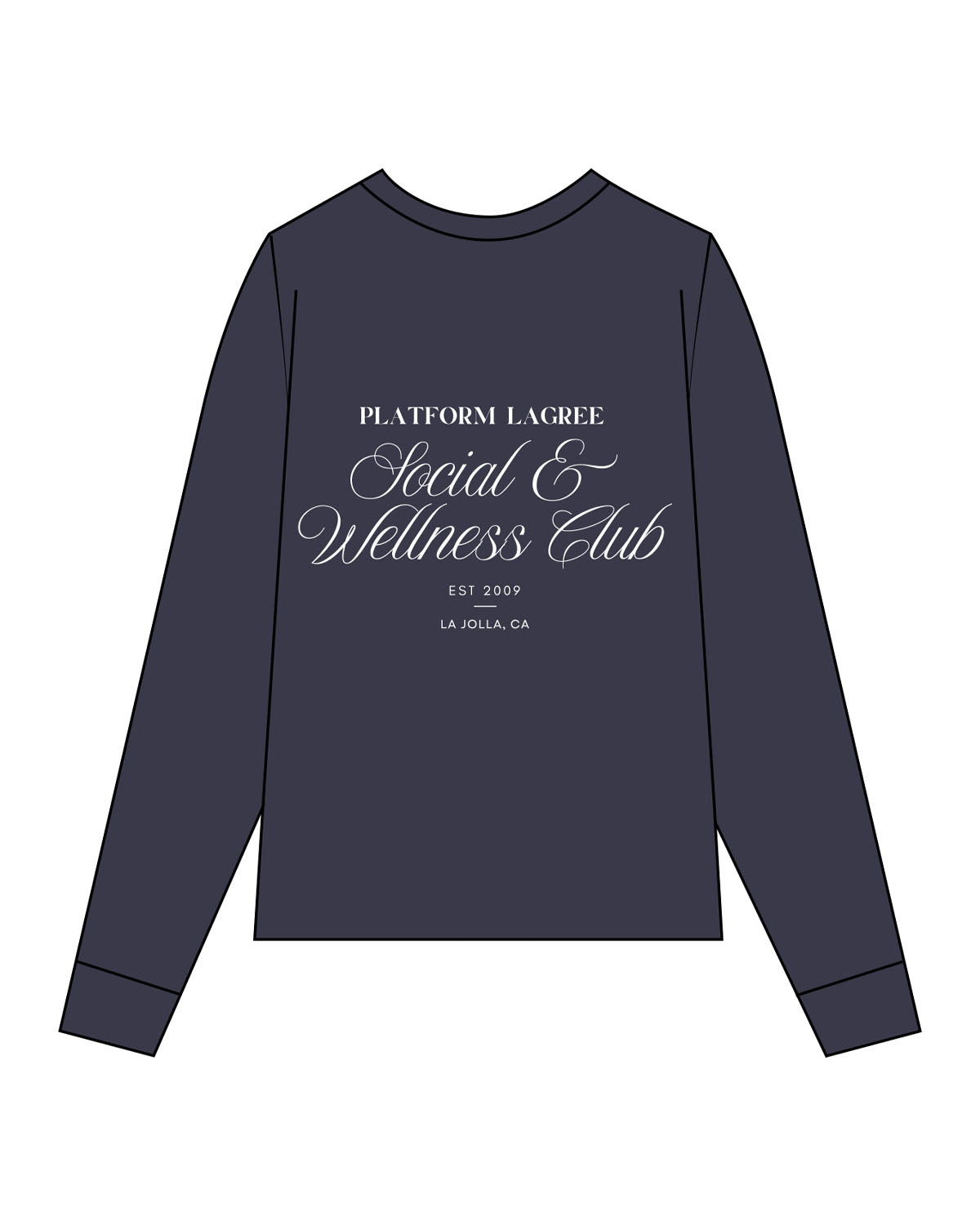 The Mens Long Sleeve - Navy - PLATFORM - Left Chest - Back Stacked - Printed - White