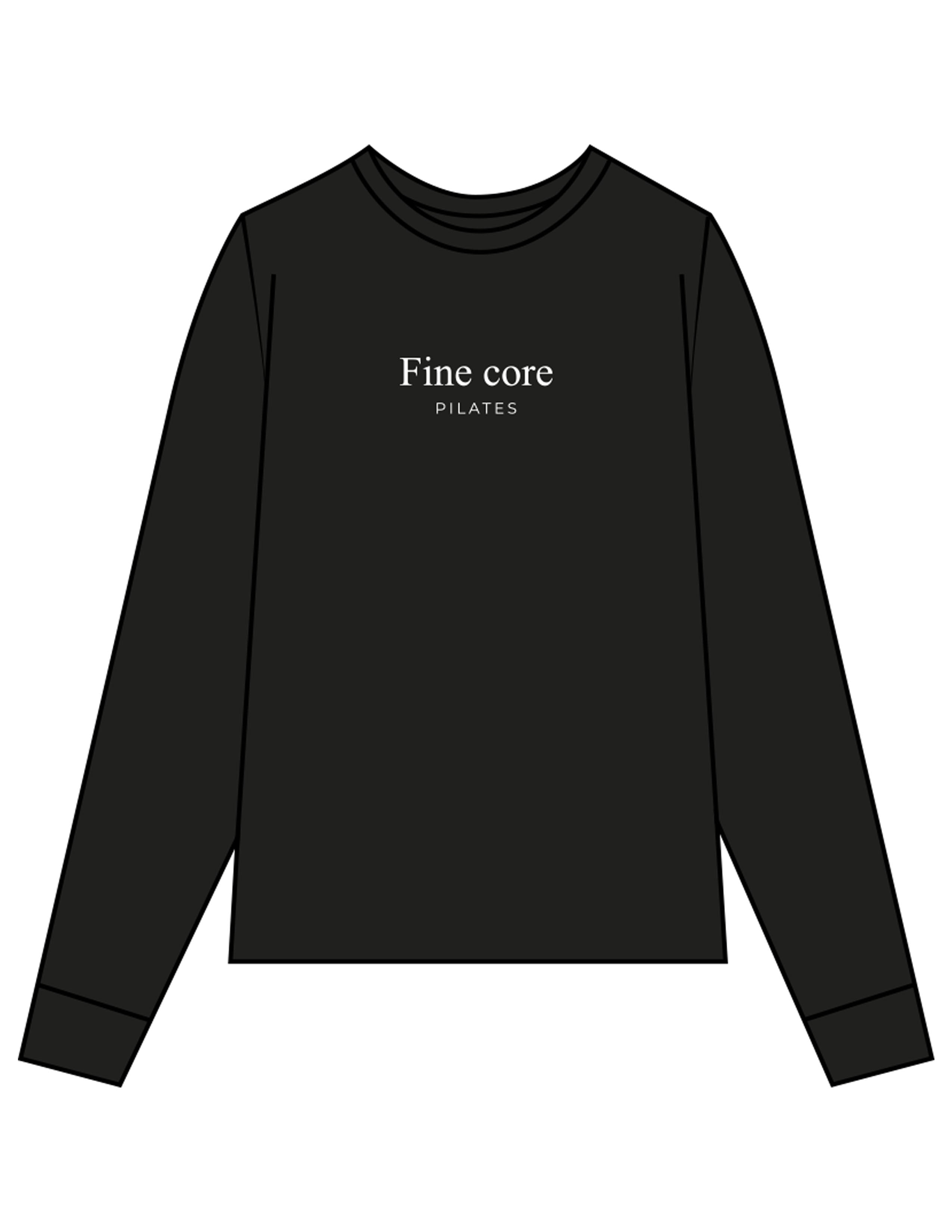 The Womens Long Sleeve - Black - Fine Core Pilates - Center Chest Stacked - Printed - White