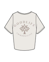 The Crop Tee - Bone - Goodlife Chiropractic - Left Chest & Center Back Stacked - Tone on Tone
