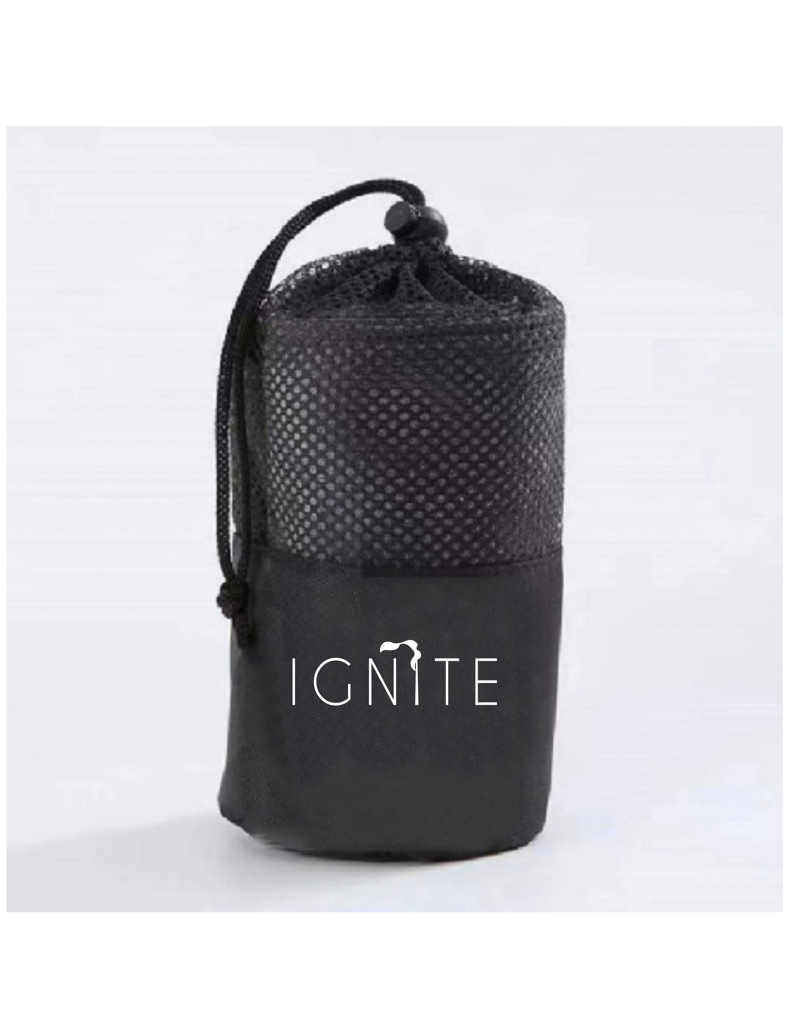 The Gym Towel - White - Ignite Barre & Fitness - Front Bottom - Embroidered - Full Color - The Gym Towel Bag - Black - Center Body - Printed - White