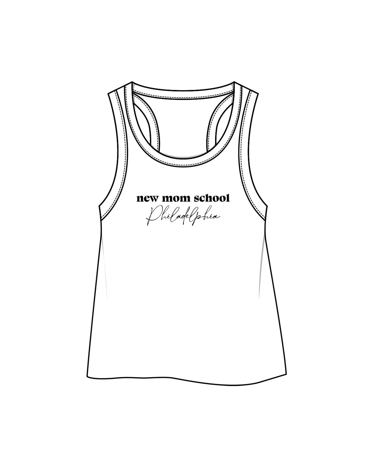 The Crop Tank - White - New Mom School - Center Chest Stacked - Printed - Black