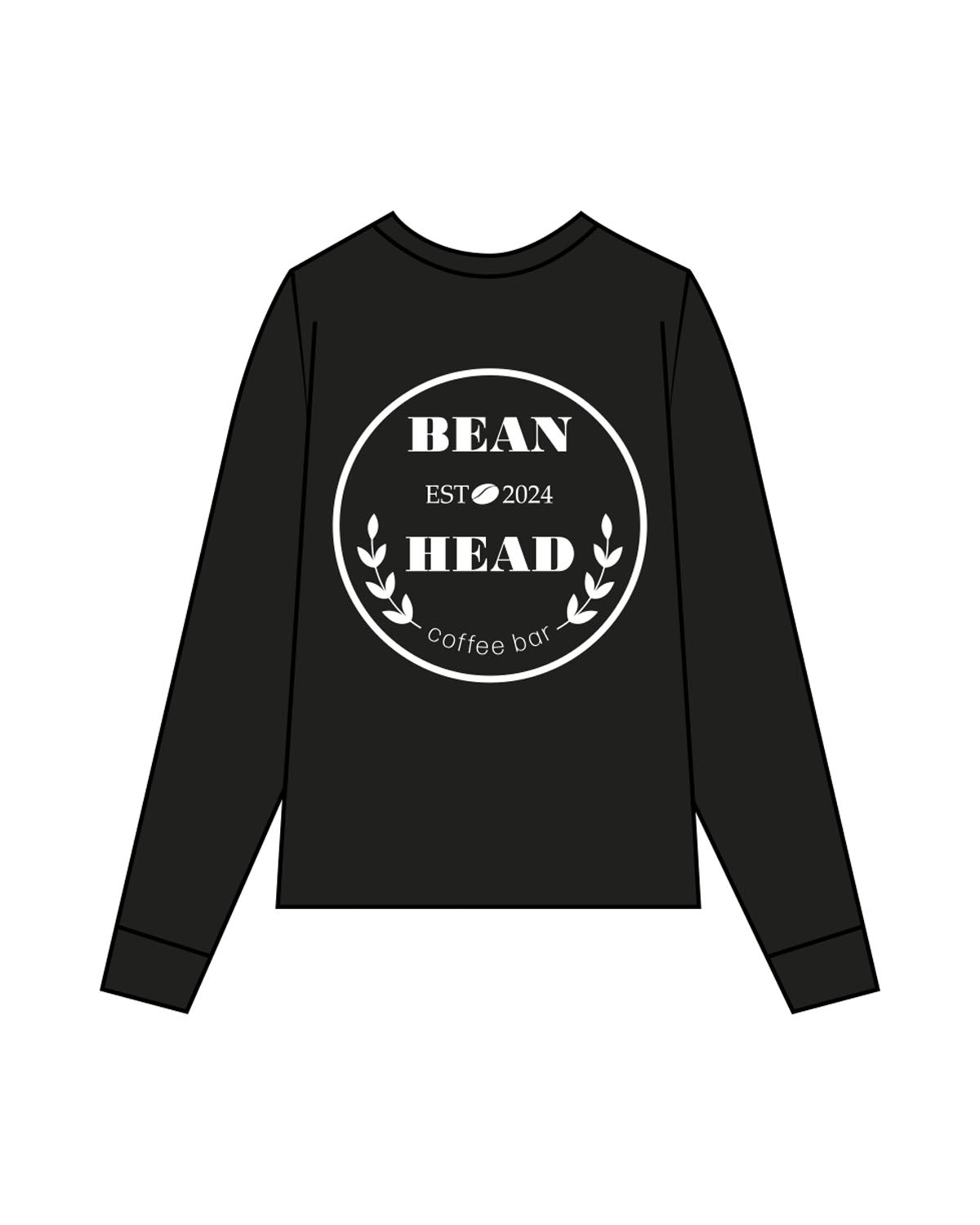 The Mens Long Sleeve - Black - Bean Head - Left Chest Stacked & Back Round - Printed - White