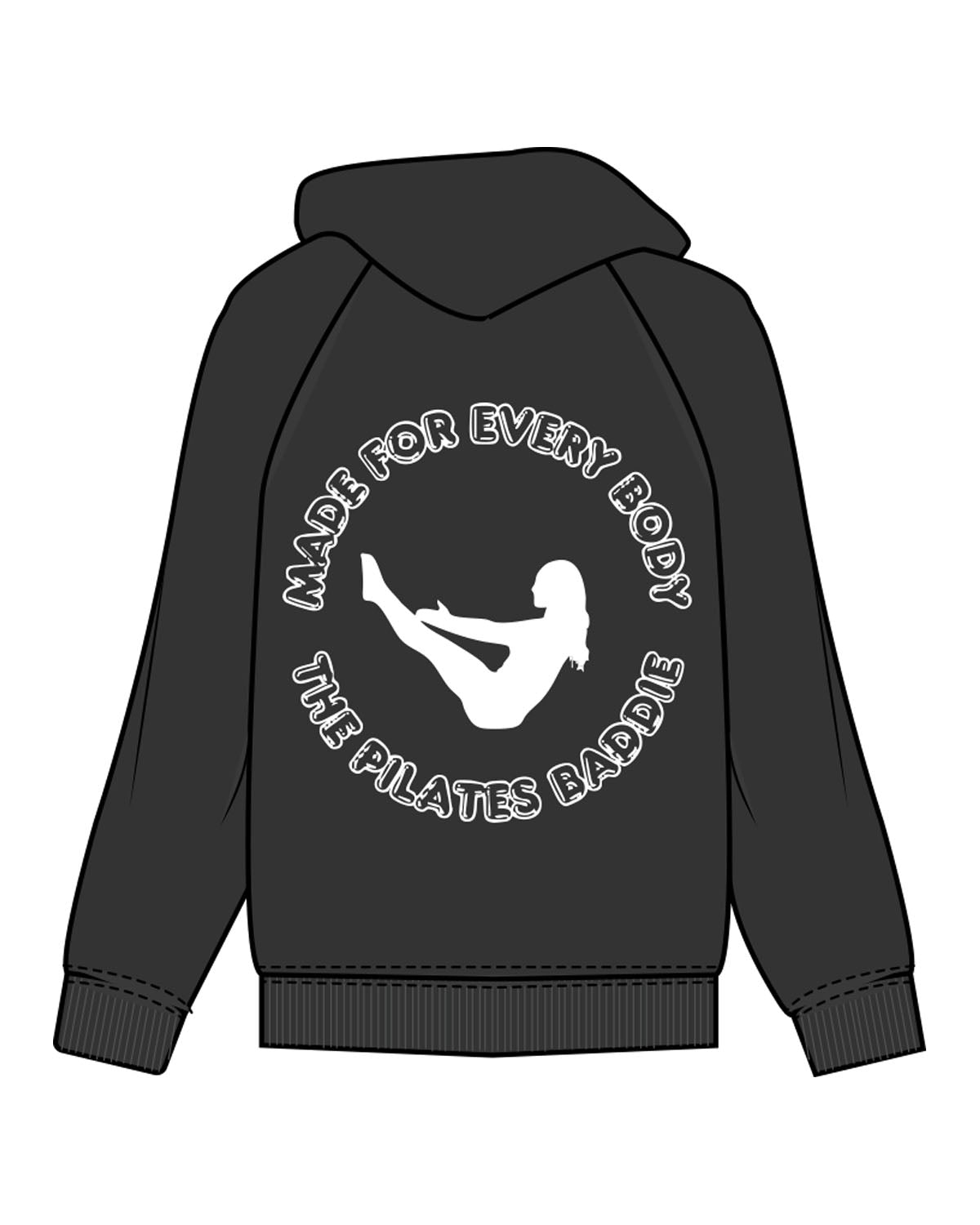 The Womens Hoodie - Washed Black - Pilates Baddie - Left Chest Arc & Back Round - Printed - White