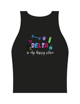The Womens Active Crop Tank - Black - Delta Fitness - Upper Chest Icon & Back Stacked "DELTA" - Printed - Full Color