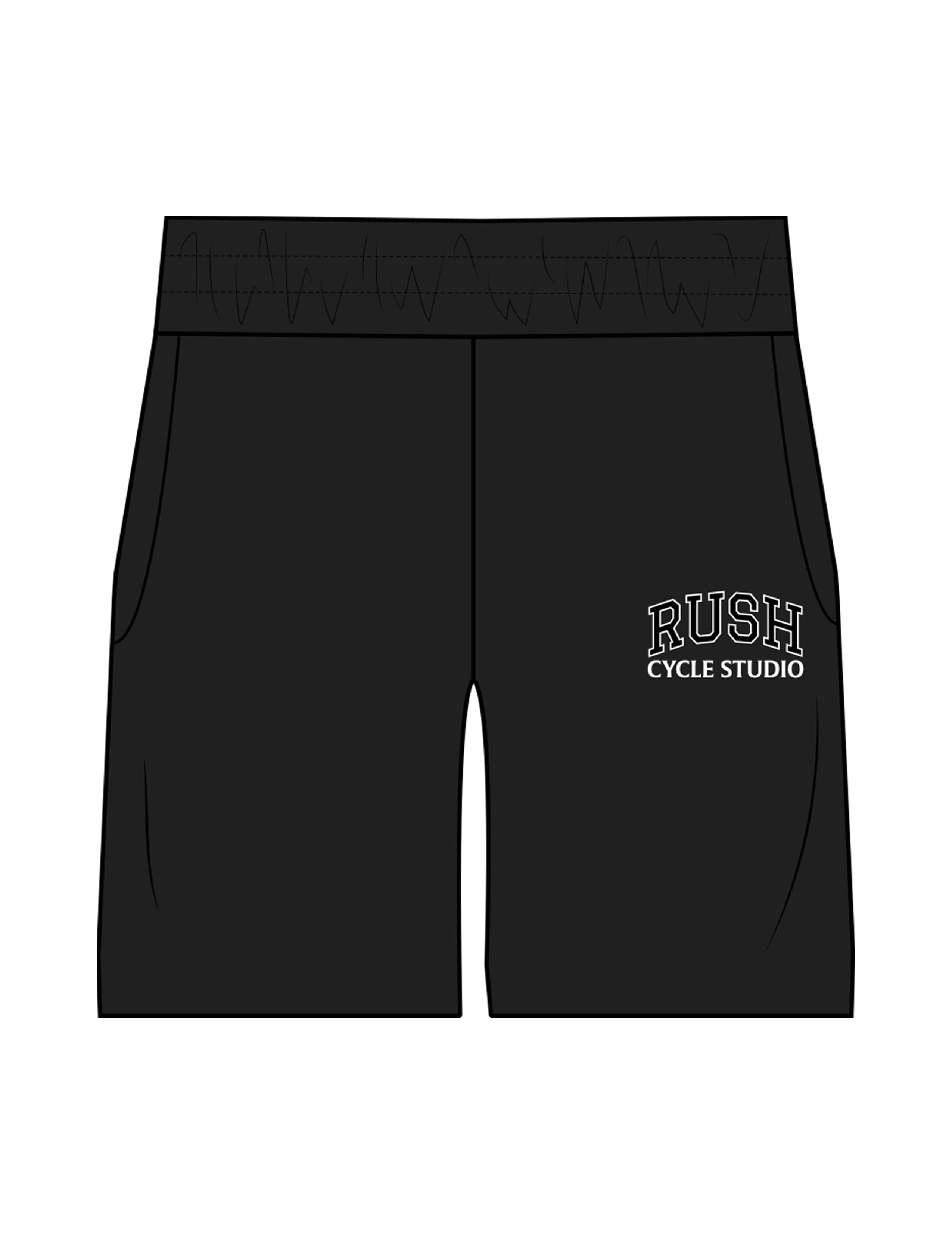 The Mens Swim Short - Black - Rush Cycle Studio - Left Leg Stacked - Printed - Full Color