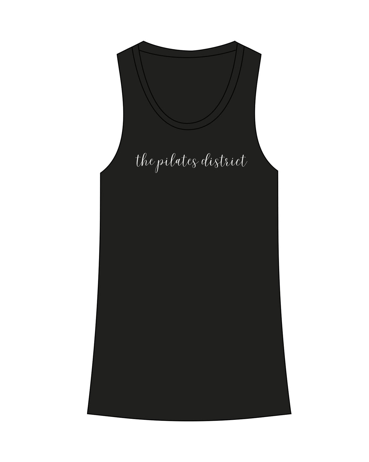 The Womens Full Length Tank - Black - THE PILATES DISTRICT - Center Chest - Printed - White