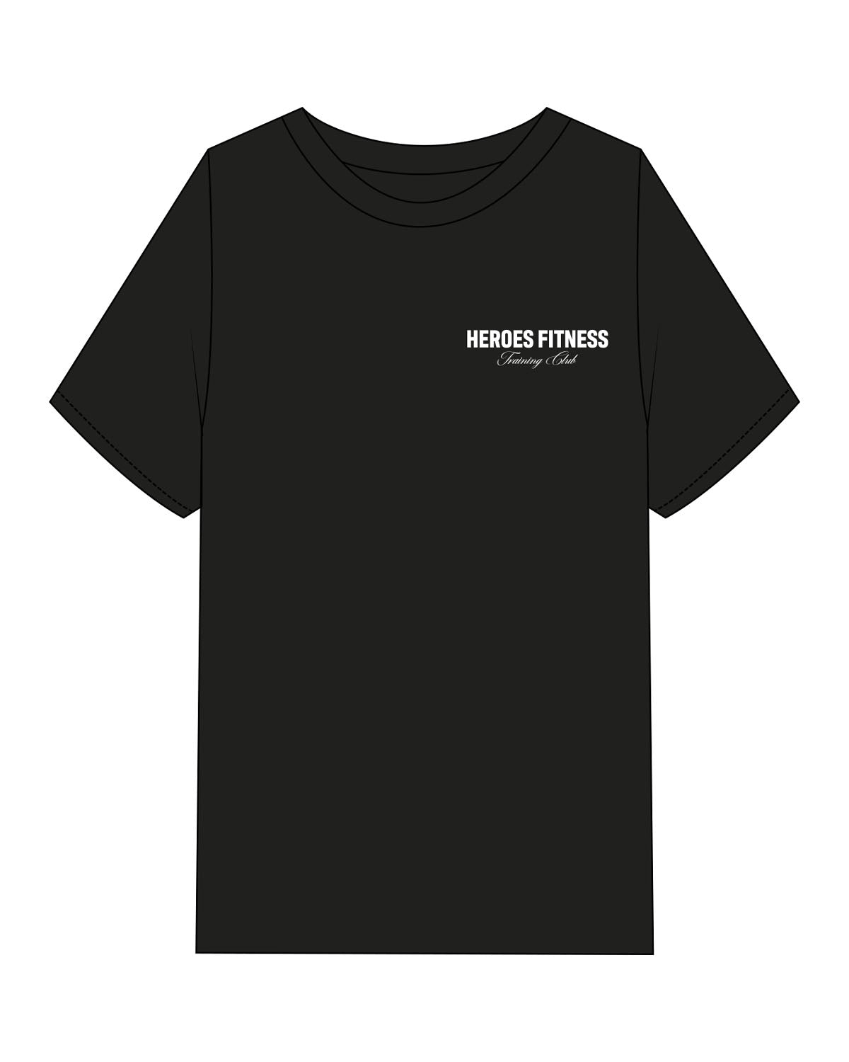 The Mens Heavyweight Tee - Black - Heroes Fitness - Left Chest Stacked & Back Stacked - Printed - White