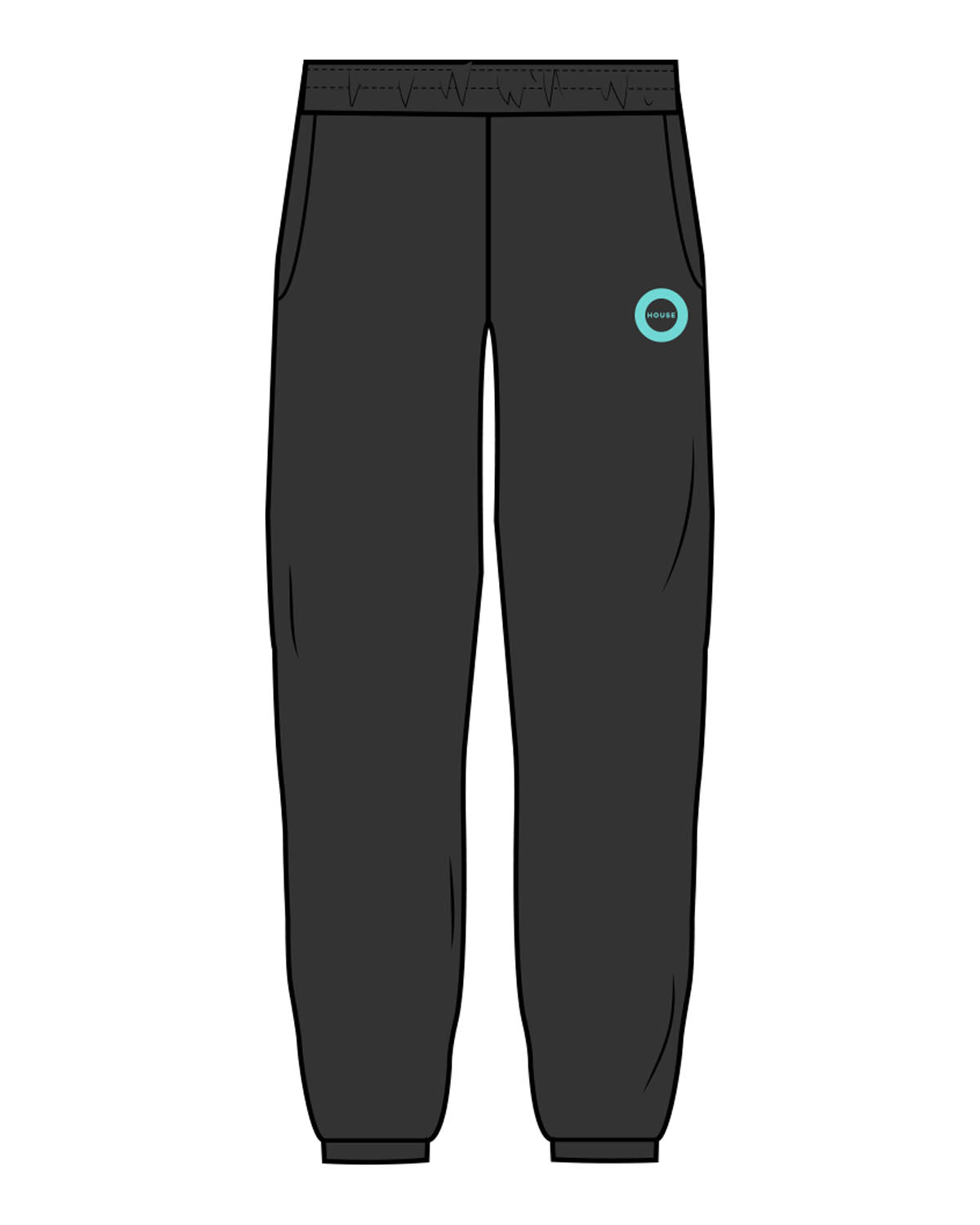 The Mens Sweatpants - Washed Black - HiLo - Upper Left Leg - Printed - Aqua