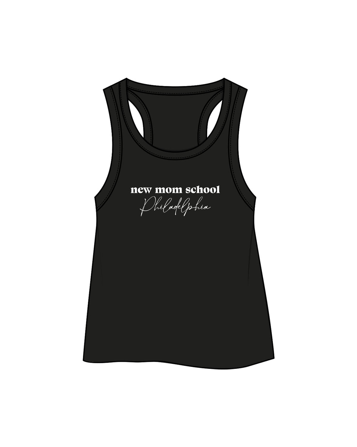 The Crop Tank - Black - New Mom School - Center Chest Stacked - Printed - White