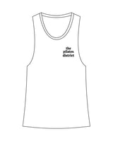 The Womens Racerback Tank - White - THE PILATES DISTRICT - Left Chest Stacked - Printed - Black