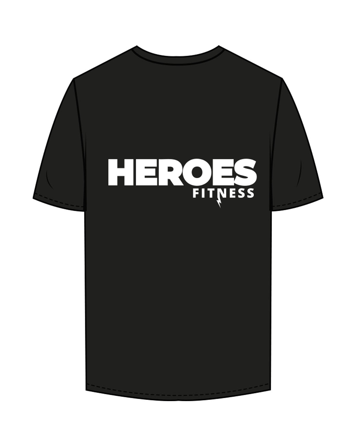 The Mens Tee - Black - Heroes Fitness - Left Chest "Lightning" & Right Sleeve - Back Stacked - Printed - White