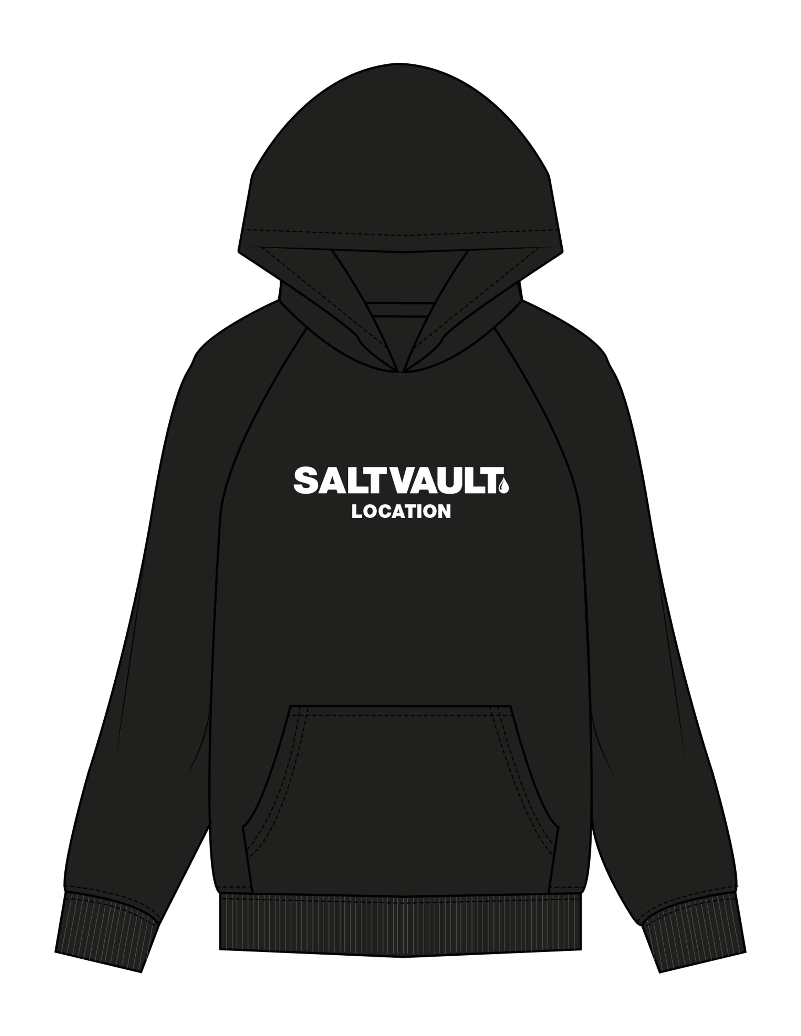The Mens Hoodie - Black - Saltvault Location - Center Chest & Back Bottom Right - Printed - White