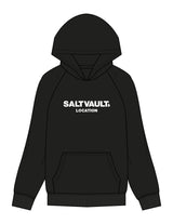 The Mens Hoodie - Black - Saltvault Location - Center Chest & Back Bottom Right - Printed - White