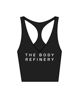 The Racer Tank - Black - The Body Refinery - Center Chest Stacked & Back Center - White