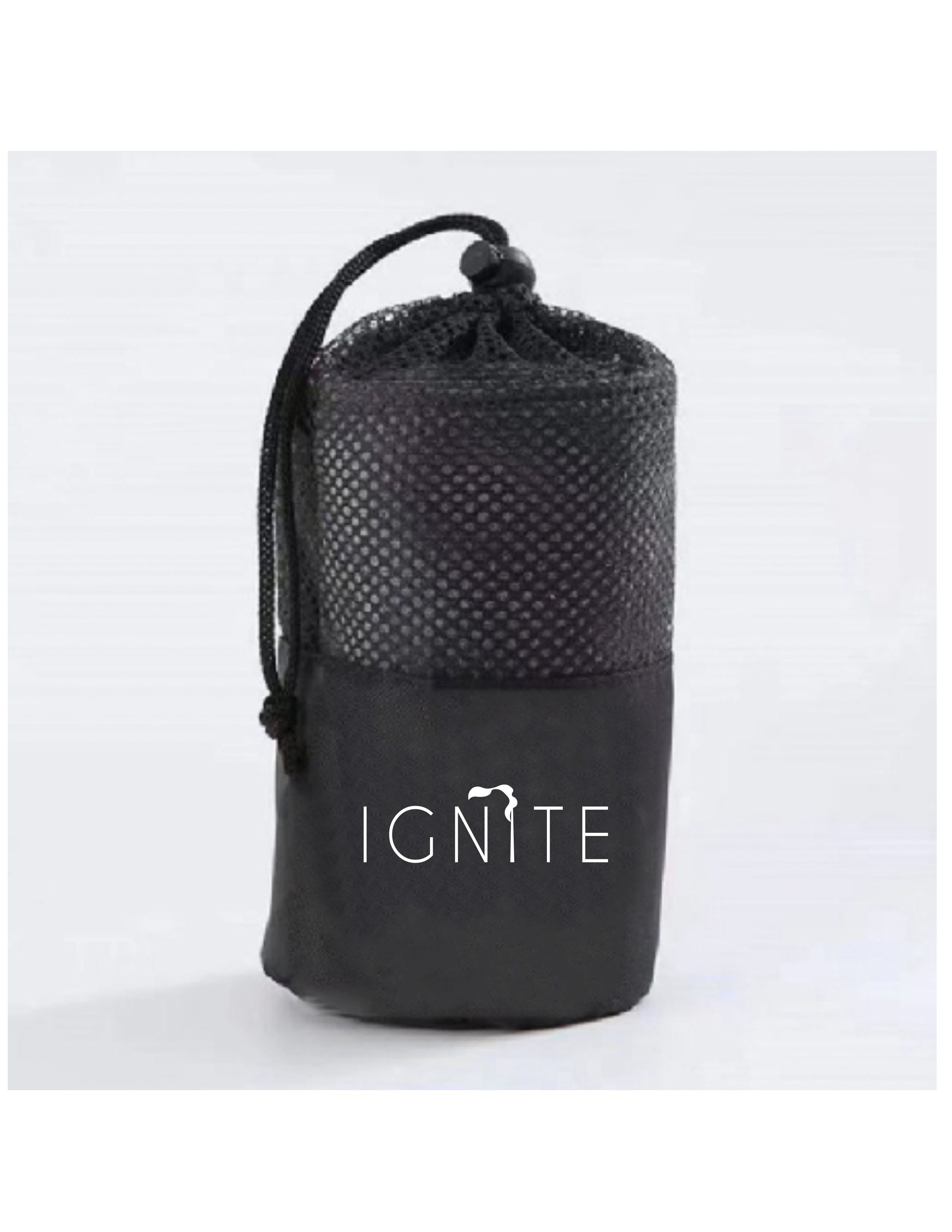 The Gym Towel - Red - Ignite Barre & Fitness - Front Bottom Corner - Embroidered - White - The Gym Towel Bag - Black - Center Body - Printed - White
