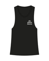 The Womens Racerback Tank - Black - THE PILATES DISTRICT - Left Chest Stacked - Printed - White