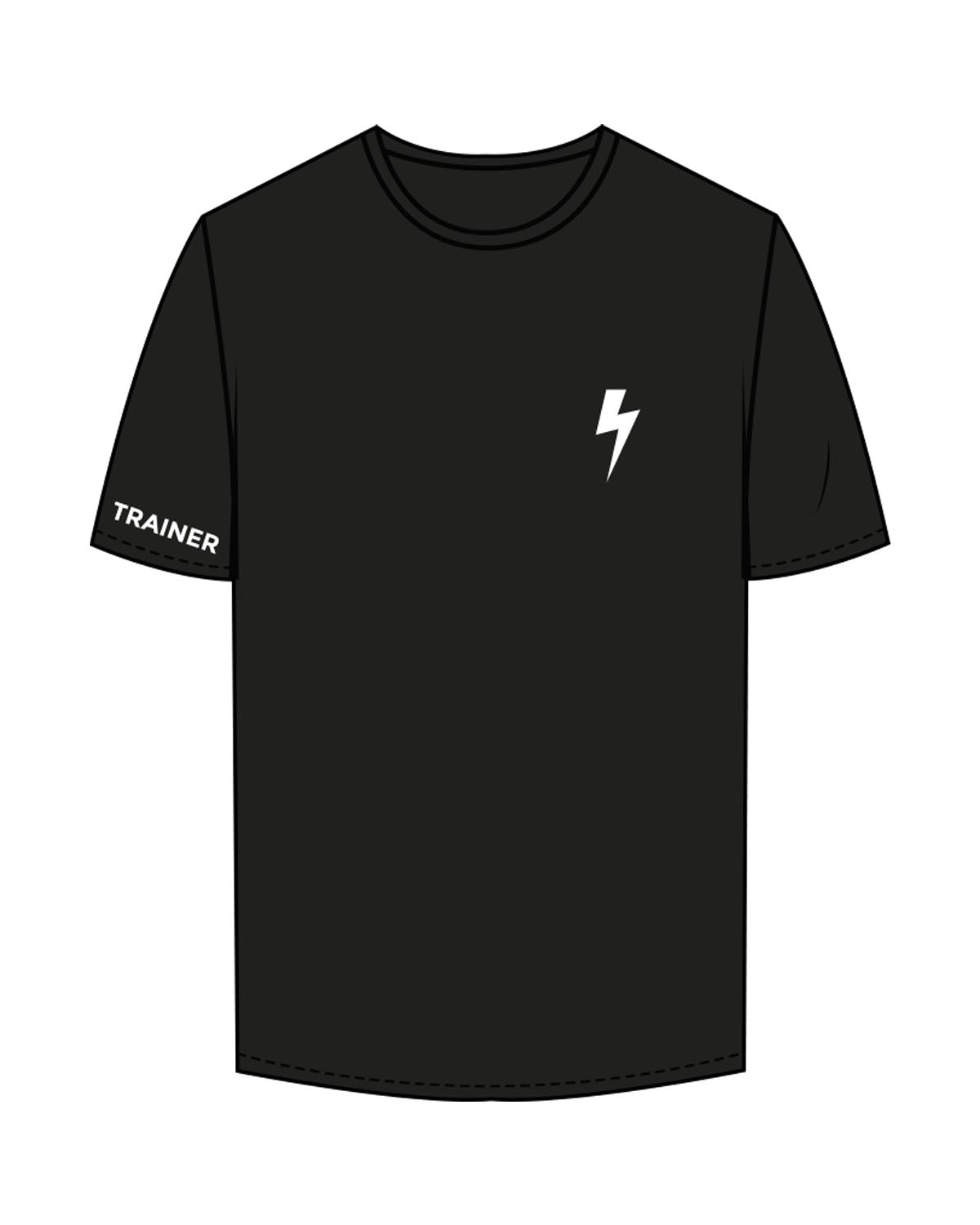 The Mens Tee - Black - Heroes Fitness - Left Chest "Lightning" & Right Sleeve - Back Stacked - Printed - White