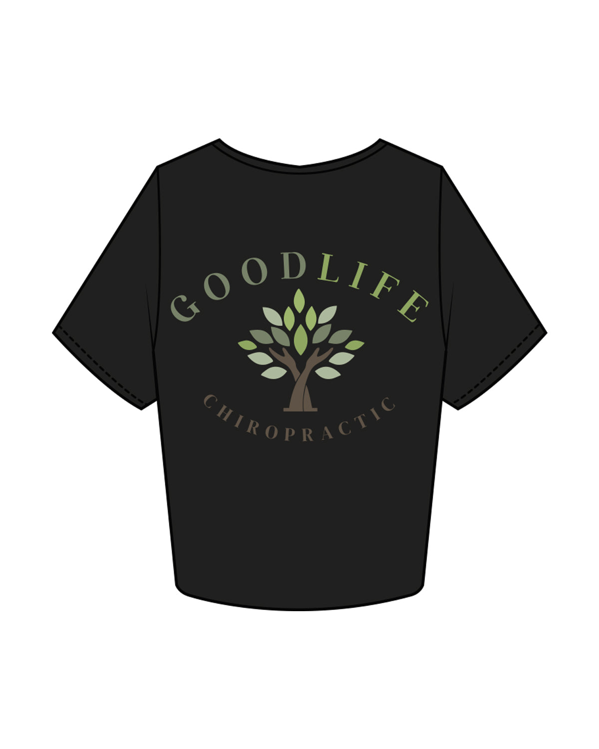 The Crop Tee - Black - Goodlife Chiropractic - Left Chest & Center Back Stacked - Full Color