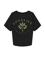The Crop Tee - Black - Goodlife Chiropractic - Left Chest & Center Back Stacked - Full Color