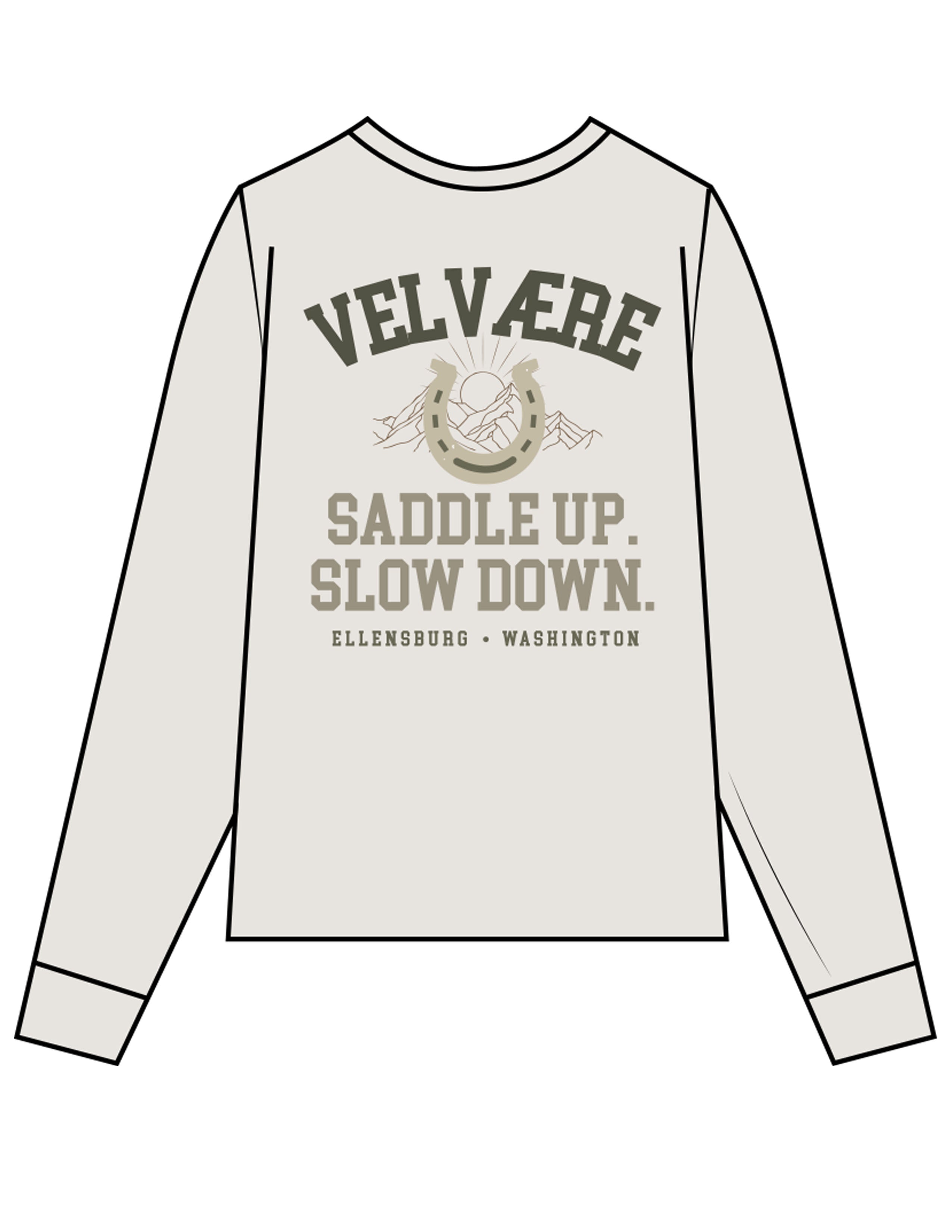 The Womens Heavyweight Long Sleeve - Washed Bone - Velvaere - Center Chest & Back Stacked "SADDLE UP" - Printed - Full Color