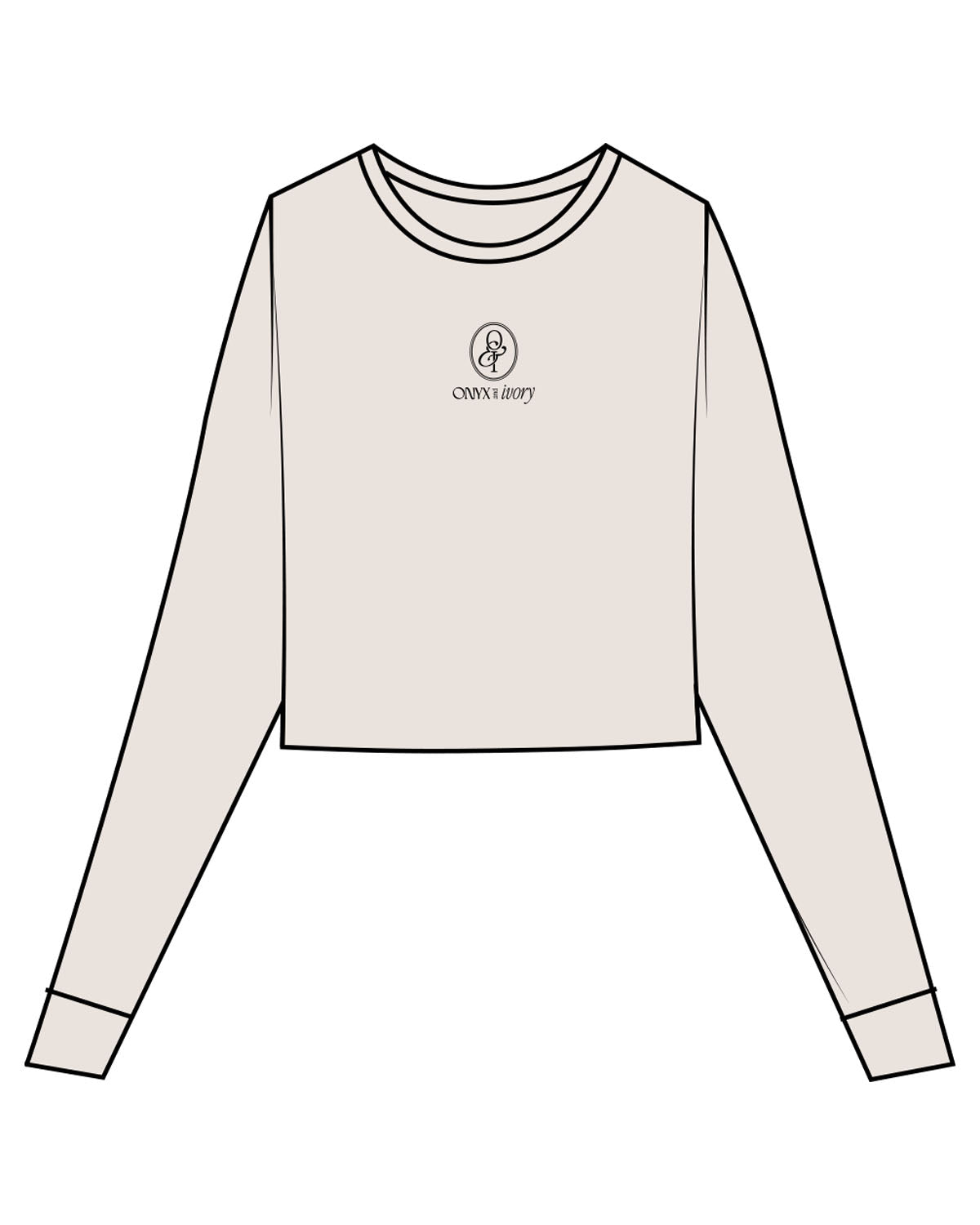 The Micro Rib Crop Long Sleeve - Natural - Onyx & Ivory - Chest Stacked - Printed - Black