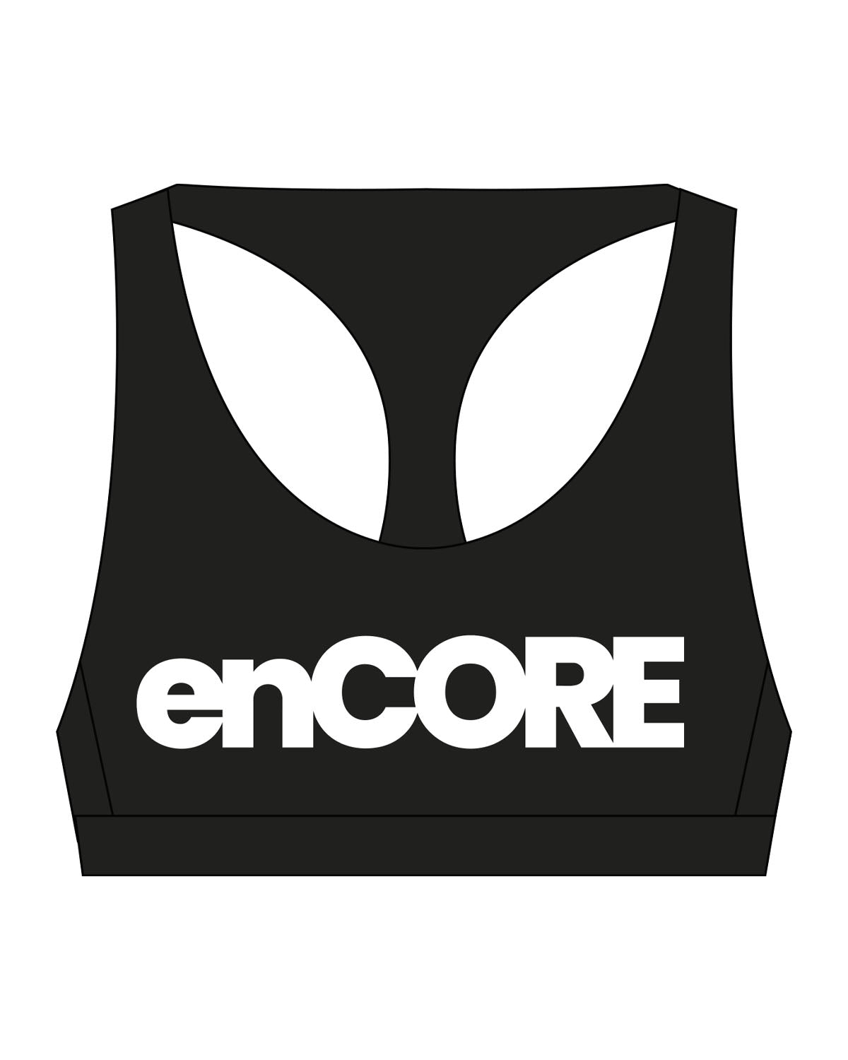 The Racer Bra - Black - enCore Pilates - Center Chest - Printed - White
