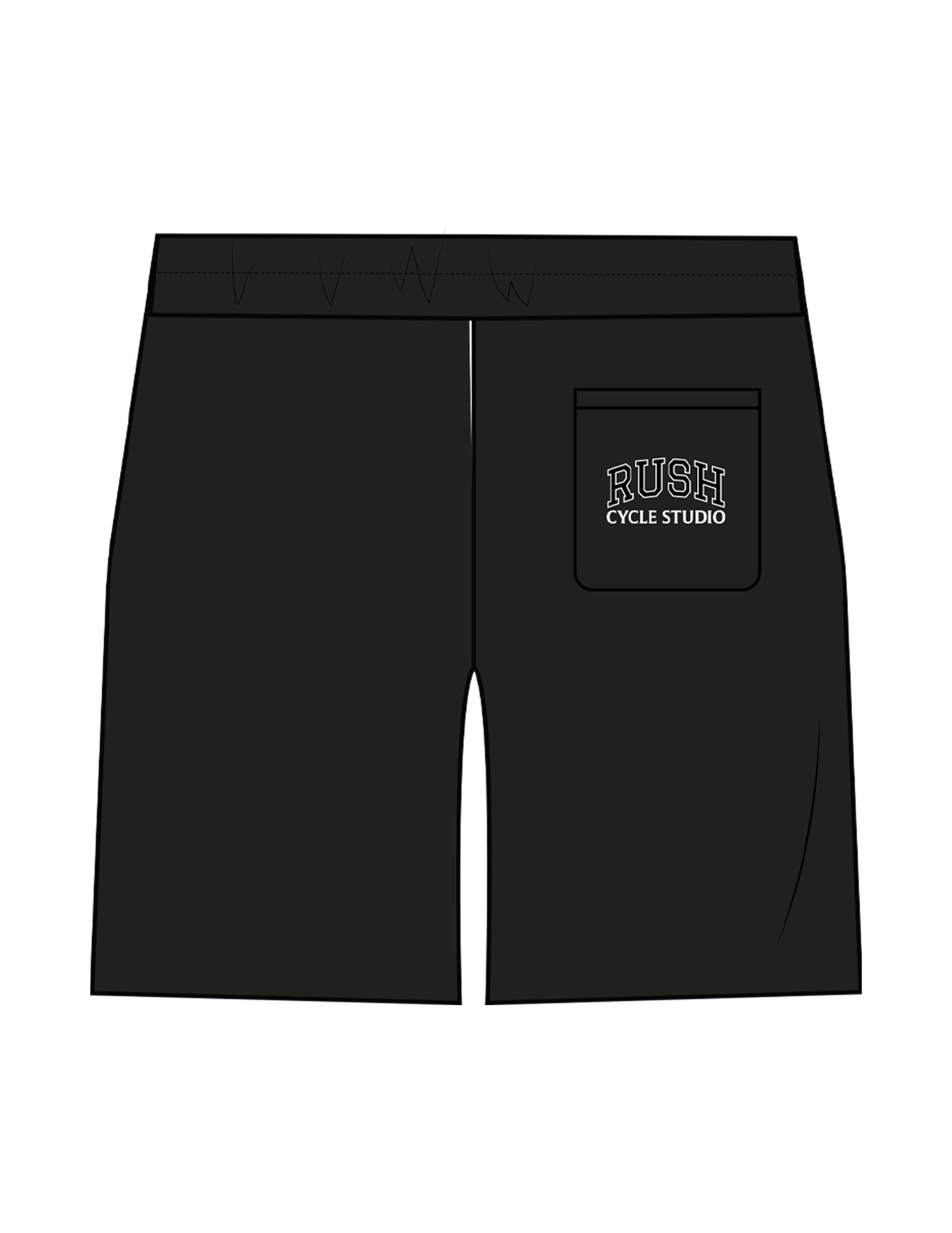 The Mens Sweat Shorts - Black - Rush Cycle Studio - Back Pocket - Printed - Full Color