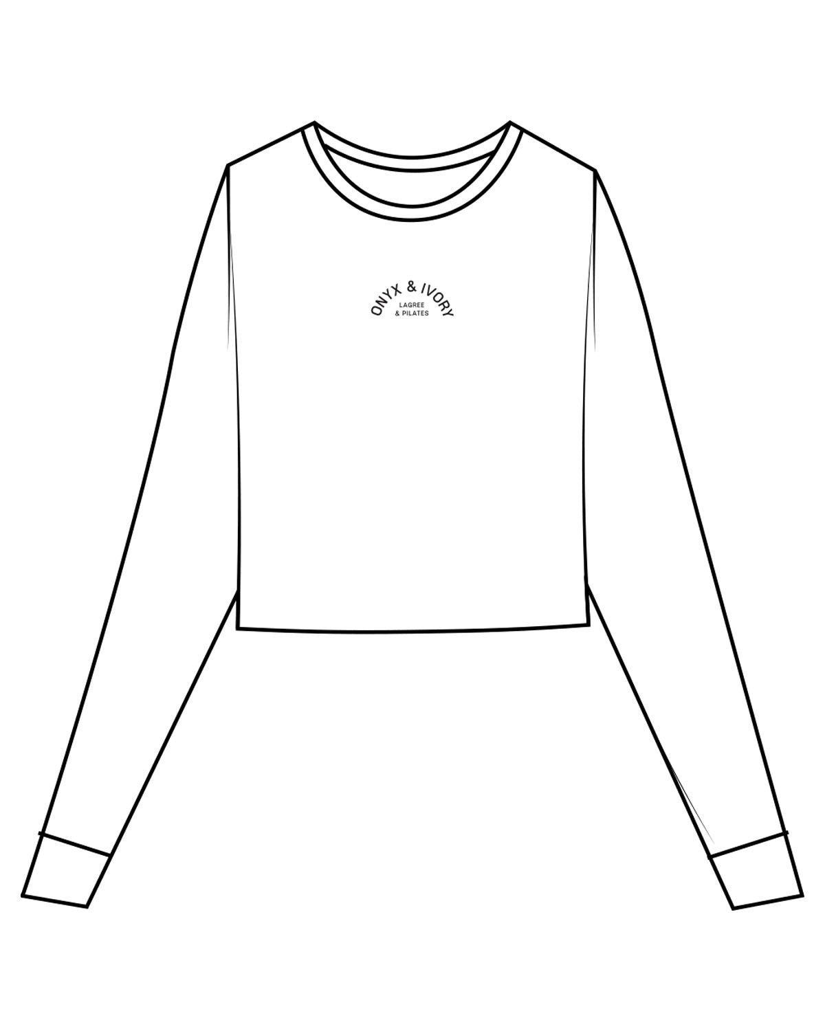 The Micro Rib Crop Long Sleeve - White - Onyx & Ivory - Chest Arc Stacked - Printed - Black