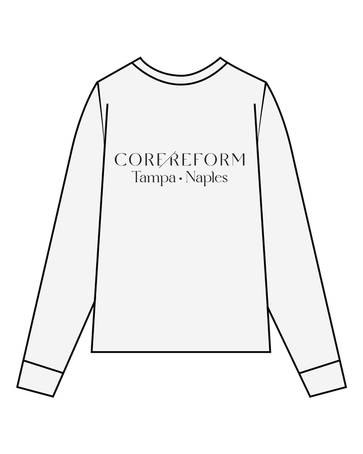 The Mens Long Sleeve - White Heather - Core Reform - Left Chest & Back Stacked - Printed - Black