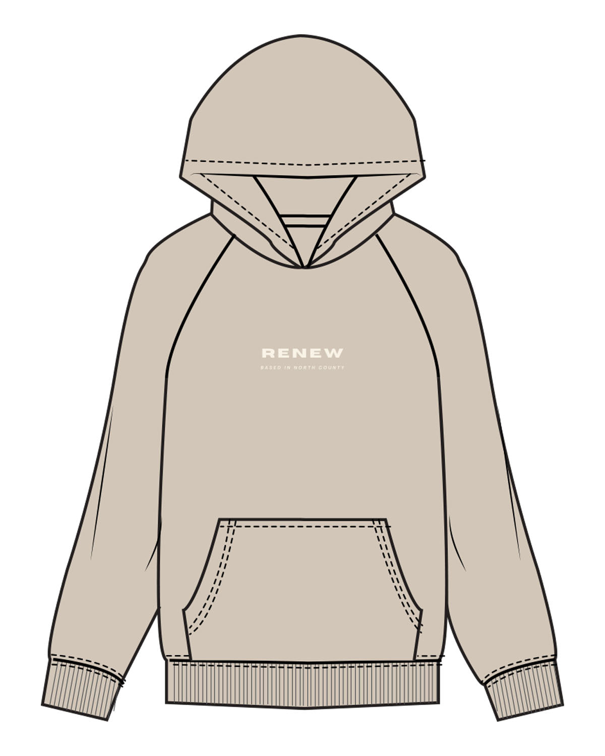 The Mens Hoodie - Washed Taupe - Renew - Center Chest Stacked & Back Half Round - Cream
