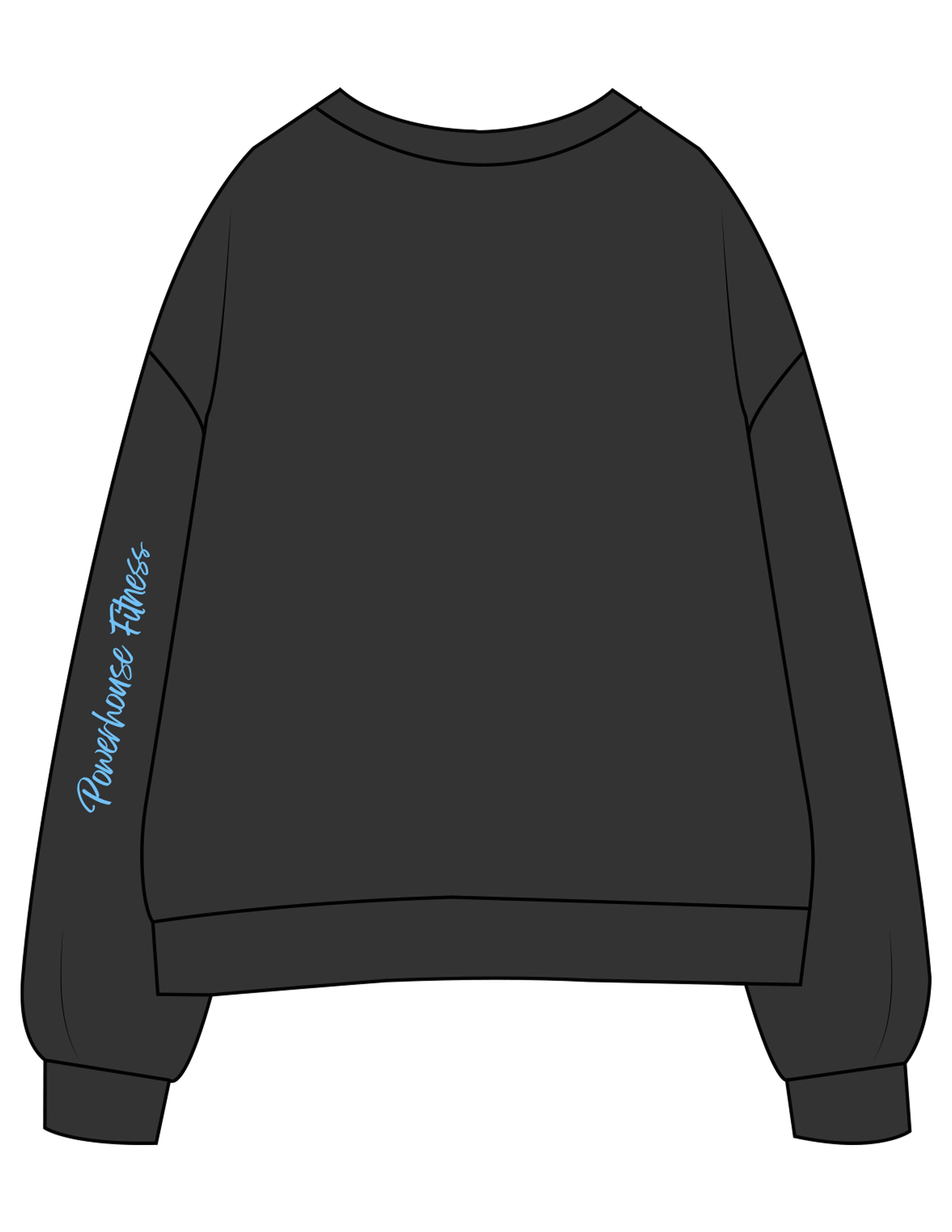 The Womens Crewneck - Washed Black - Powerhouse Fitness - Center Chest "PILATES"  & Back Left Sleeve - Printed - Full Color