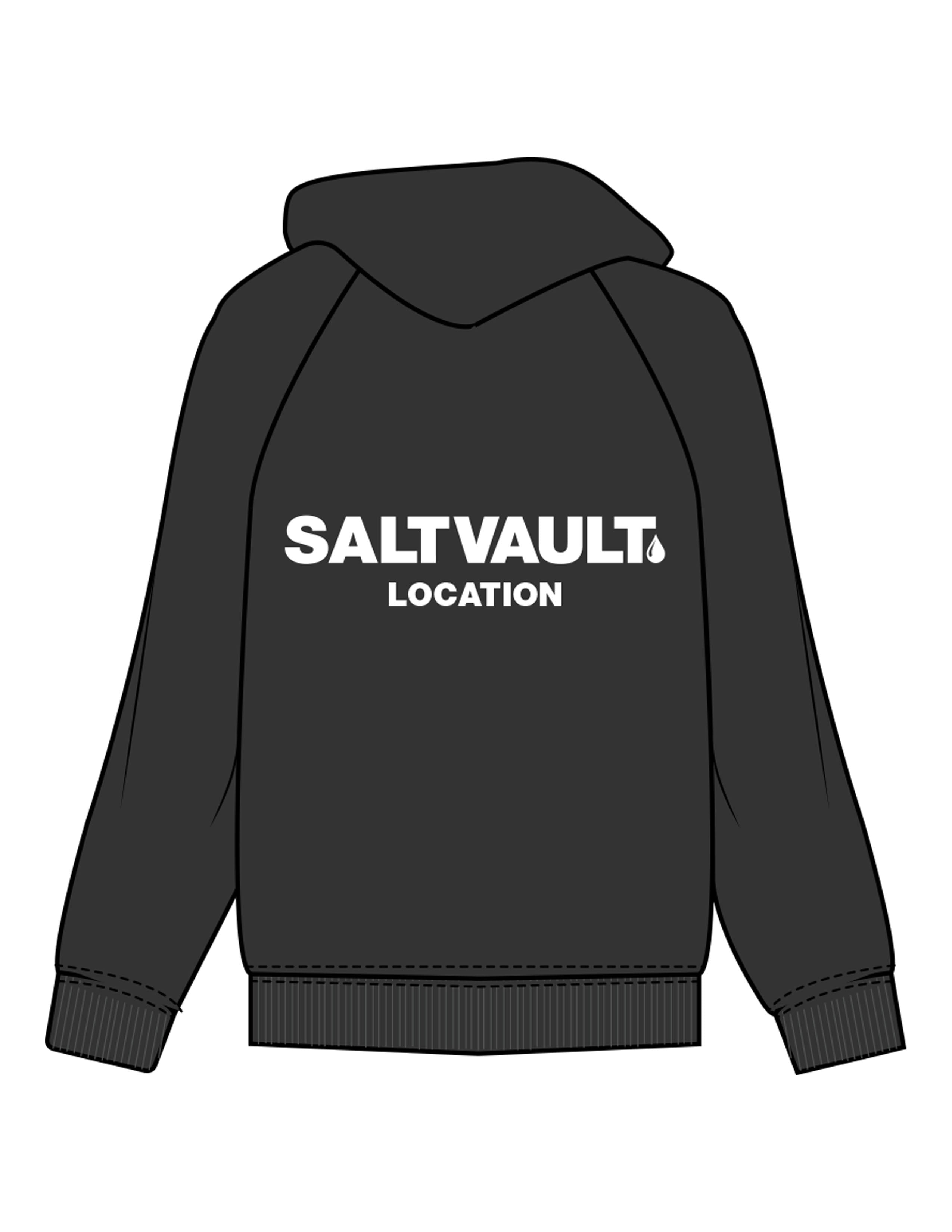 The Mens Zip Hoodie - Washed Black - Saltvault Location - Left Chest & Back Location - Printed - White